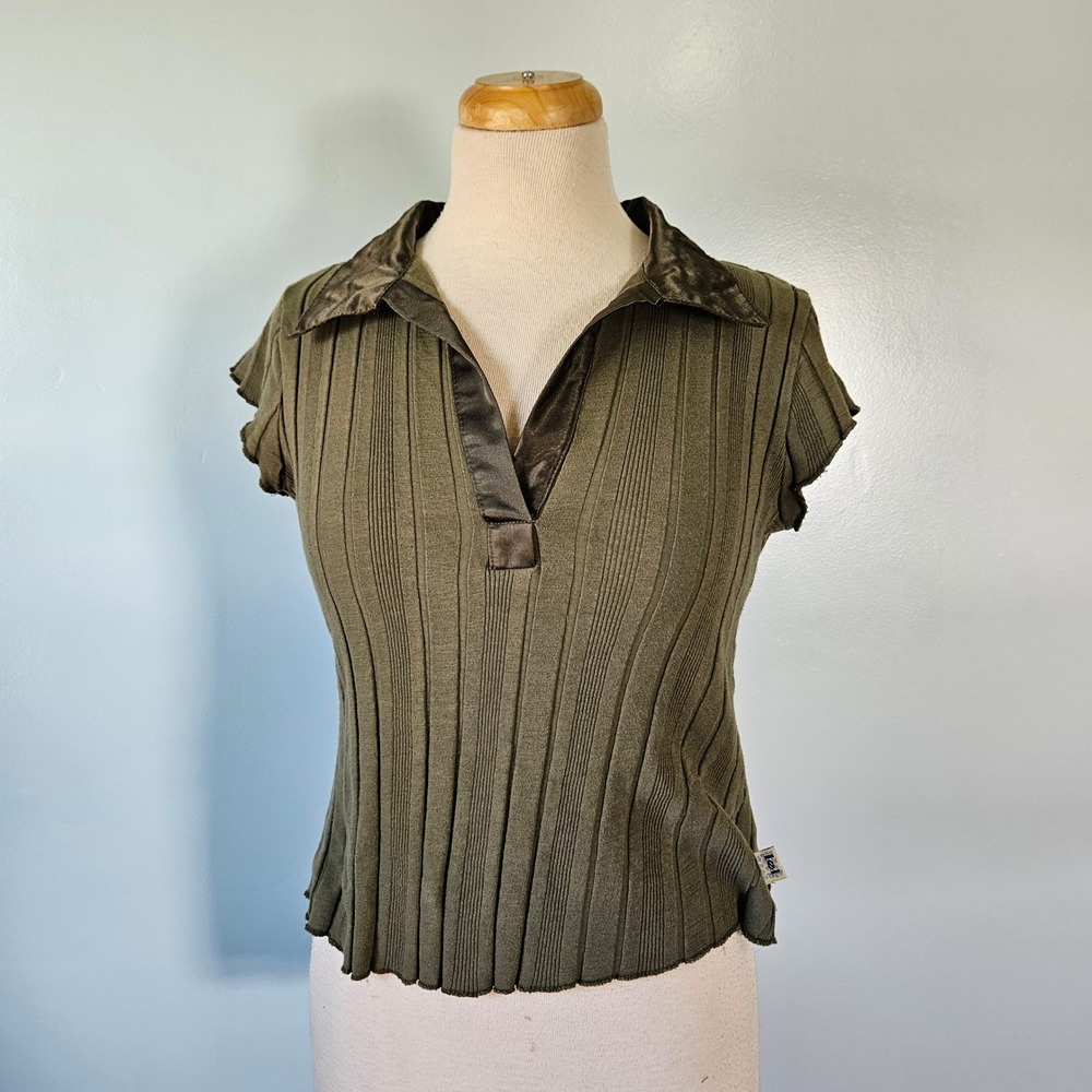 Vintage l.e.i. Olive Green Ribbed Satin Trim Polo Top XL Cap Sleeve Y2K Baby Tee